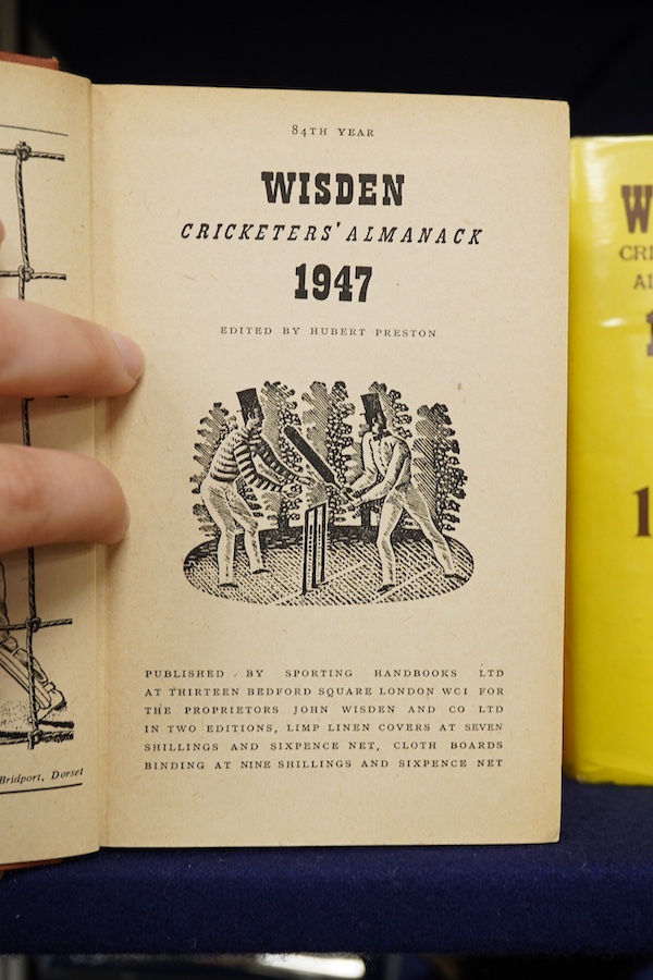 Six Wisden Cricketers almanacs, dates; 1947, 1956, 1979, 1983, 1993 and 2005. Condition - worn to be expected for use and age